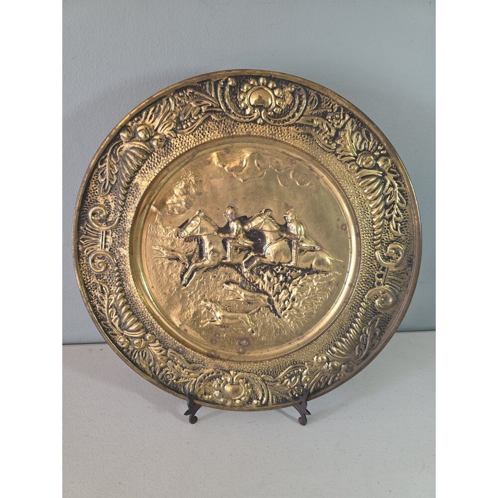 Vintage Made in England Brass Hunting Scene Wall Plate - 14 3/8”